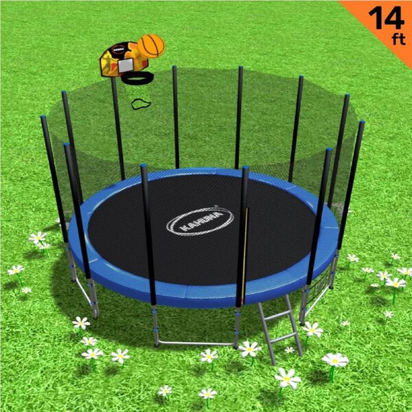 14ft Round Trampoline Free Safety Net+pad+mat+ladder+shoe Tidy+basketball Set