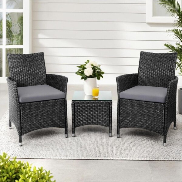 3 Piece Gardeon Outdoor Bistro Set Lounge Setting Patio Furniture Table and Chairs Wicker Black