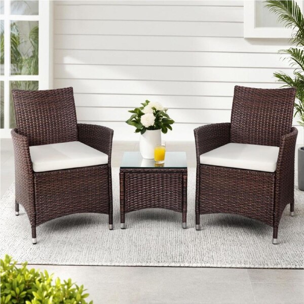 3 Piece Gardeon Outdoor Bistro Set Lounge Setting Patio Furniture Table and Chairs Wicker Brown