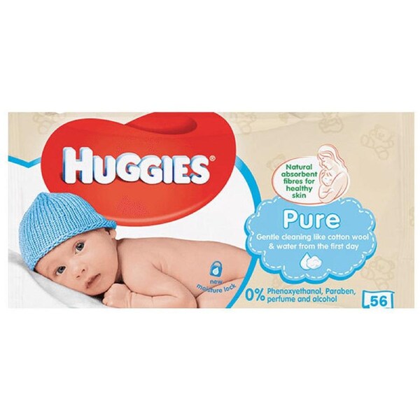 Huggies 56 Wipes Pure Soft Gentle Baby Wipe/Natural Fibres/Sensitive Skin