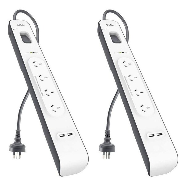 2x Belkin 4 Way Outlet Surge Protector 2M Power Board 2.4A w 2 USB Port Charger