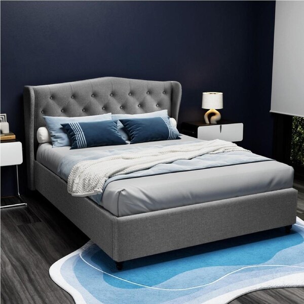 Artiss Double Bed Frame Tufted Wing Headboard Grey PIER