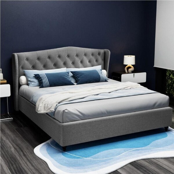 Artiss King Bed Frame Tufted Wing Headboard Grey PIER