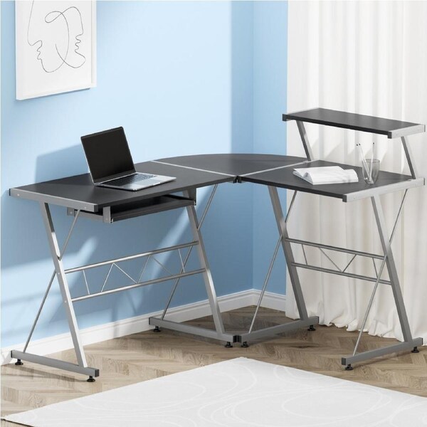 1x Artiss Computer Desk L-Shape Keyboard Tray Shelf Black