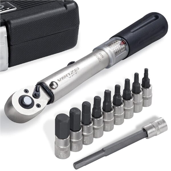 Venzo Bicycle Bike 1/4 Inch Driver - Torque Wrench Allen Key Tools Socket Set Kit 2-24Nm - Small Adjustable