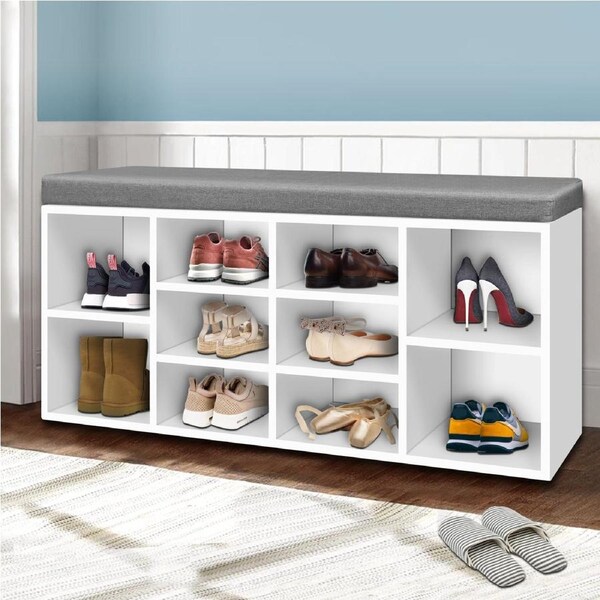 10 Pairs Artiss Shoe Rack Shoe Cabinet Bench Fabric Seat White BOA