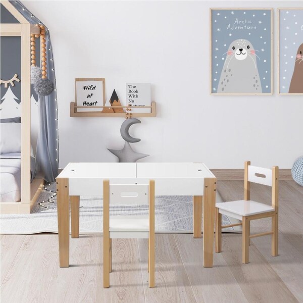 1 Keezi Kids Table and 2 Chairs Set Natural White