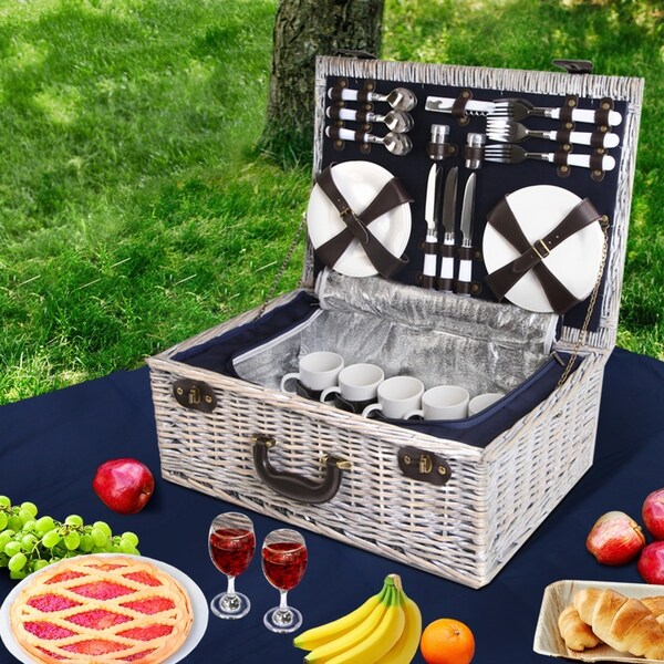 6 Person Alfresco Picnic Basket Set Cooler Bag Wicker PU Fastening Straps Plates