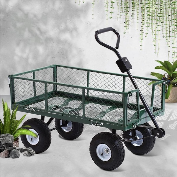 400kg Gardeon Mesh Garden Cart Steel Removable Sides Trolley Wagon ATV Trailer Black