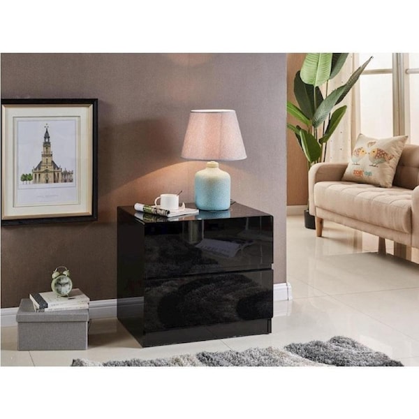 High Gloss Black Bedside Table Nightstand with 2 Drawers