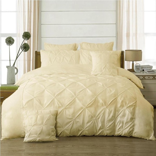 Diamond Pintuck Super King Size Bed Quilt Doona Duvet Cover & Pillow Cases Set - Cream