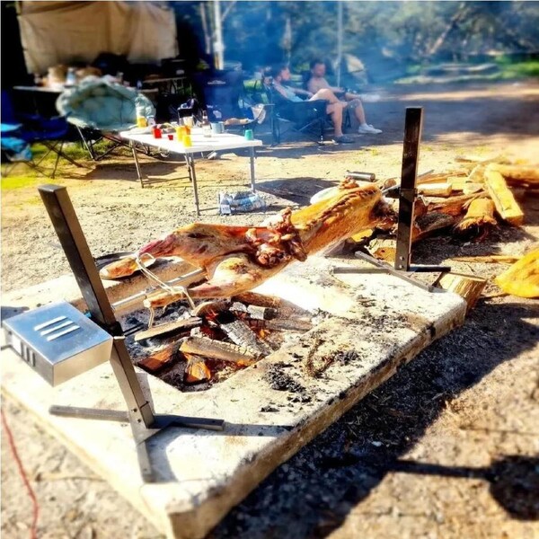 2x Heavy Duty Portable Spit Rotisserie Stands/ DIY Legs - Flaming Coals