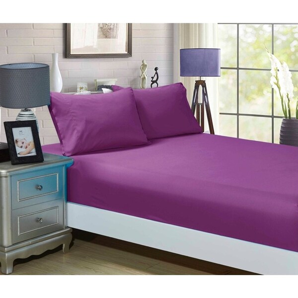 Super Soft 3-Piece Queen Size Bed Fitted Sheet & 2 Pillowcases Set - Purple