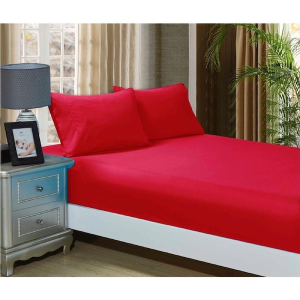 Super Soft 3-Piece Super King Size Bed Fitted Sheet & 2 Pillowcases Set - Red