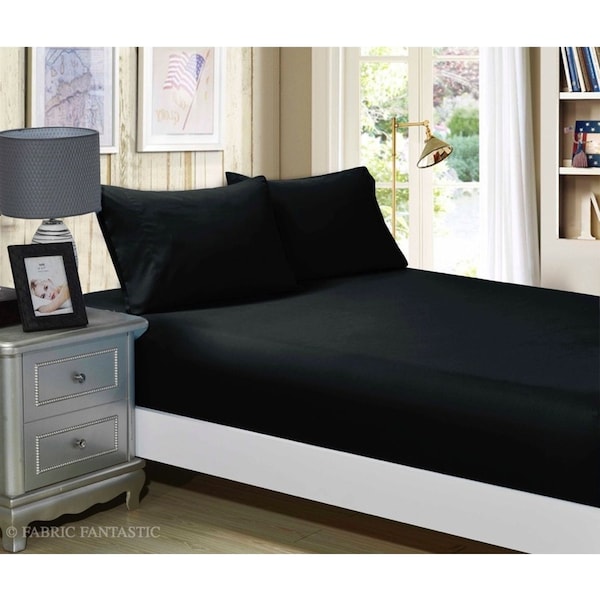 Super Soft 3-Piece King Size Bed Fitted Sheet & 2 Pillowcases Set - Black