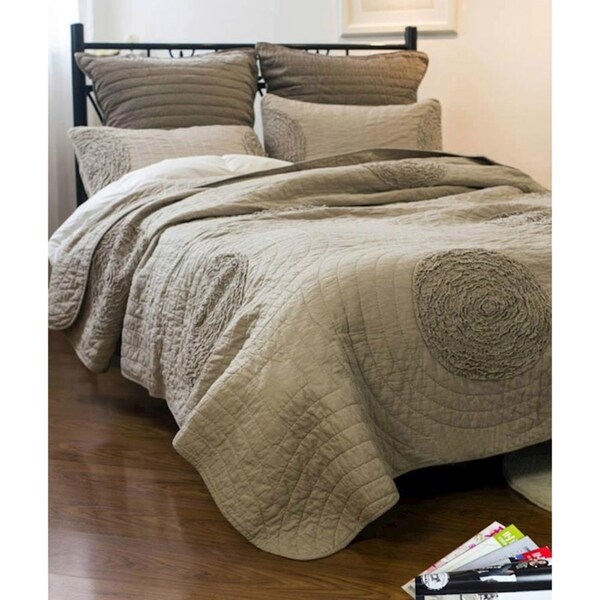 Luxury 100% Cotton Coverlet / Bedspread Set Quilt King / Super King Bed 240x260cm Circle Brown