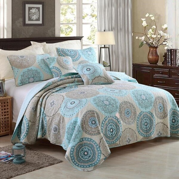 Luxury 100% Cotton Coverlet / Bedspread Set Quilt Queen King Size Bed 230x250cm Circle Blue