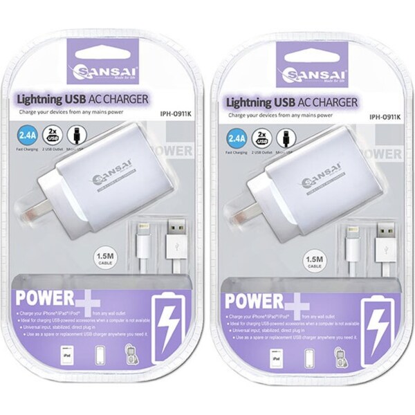 2PK Sansai 2xUSB Port Wall Charger w/Charging Cable Compatible with iPhone 8/7