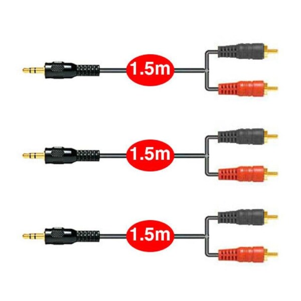 3x Sansai 1.5m Audio 3.5mm Aux Stereo Male to 2 RCA Cable/Plug/Cord for Amp/MP3
