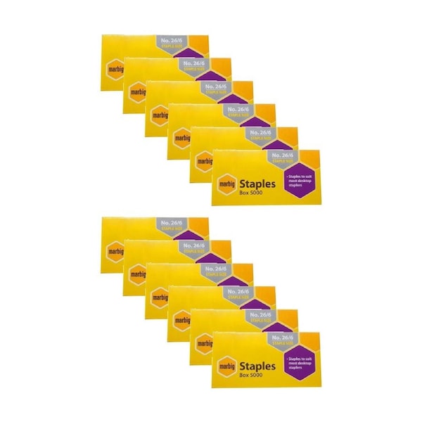 12PK Marbig Staples 26/6 Box 5000 for Staplers/Papers Office/Home Use/Essentials