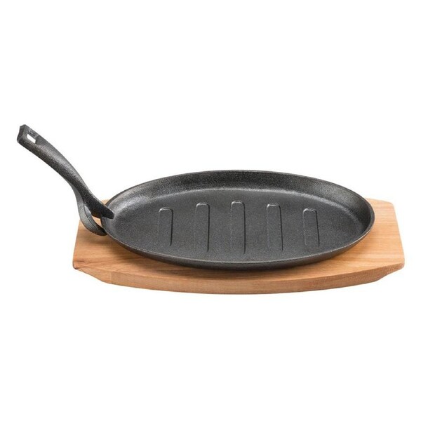 Pyrolux Pyrocast Cast Iron 27x18cm Oval Sizzle Plate w/ Maple Tray Cook/Pan
