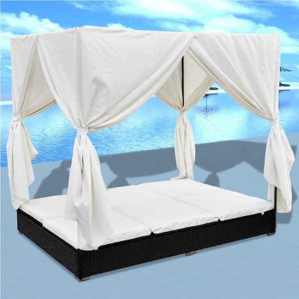 Outdoor Lounge Bed with Curtains Poly Rattan Black vidaXL