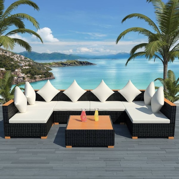 7 Piece Garden Lounge Set with Cushions Poly Rattan Black vidaXL