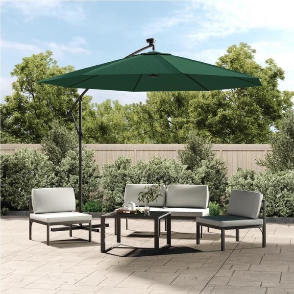 Hanging Garden Parasol with LED Lighting 300 cm Green Metal Pole vidaXL