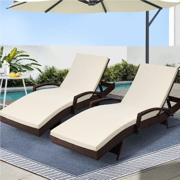 1 Set of 2 Gardeon Sun Lounge Wicker Lounger Outdoor Furniture Beach Chair Patio Adjustable Cushion Brown