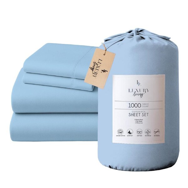 4pc 1000 Thread Count Cotton Rich King Bed Sheet Gift Pack CVC Microfibre Blend in Blue