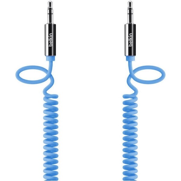 Belkin 1.8m Male Coiled Aux Auxiliary Cable Stereo Audio Lead 3.5mm Cord - Blue