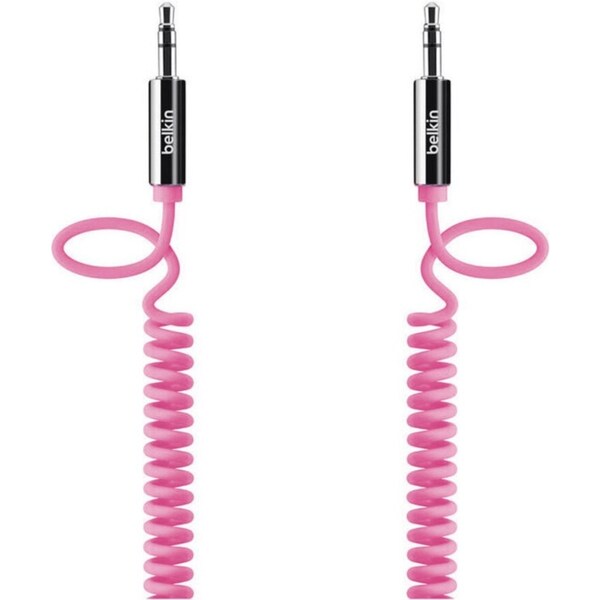 Belkin 1.8m Male Coiled Aux Auxiliary Cable Stereo Audio Lead 3.5mm Cord - Pink