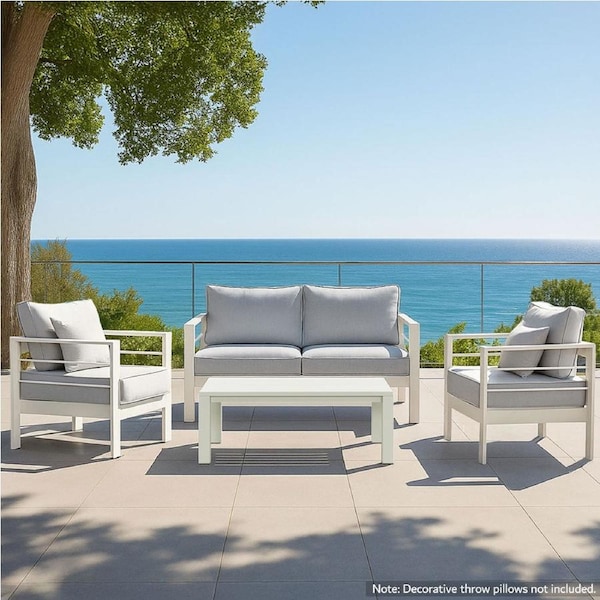 Paris 4 Piece White Aluminium Sofa Lounge Set - Light Grey Cushion