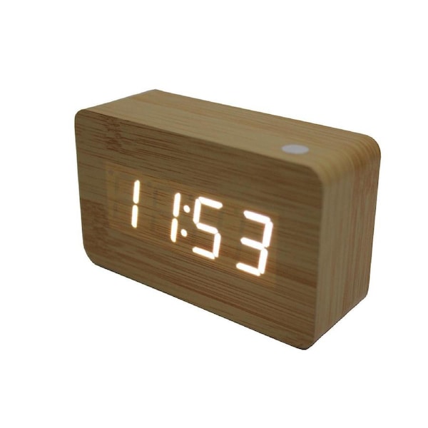 White Led Wooden Alarm Clock + Temperature Display Usb/Battery Wood White 6030