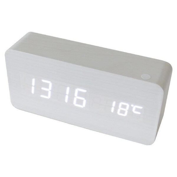 White Led Wooden 3 Alarm Clock + Temperature Display Usb/Battery Wood White 6035