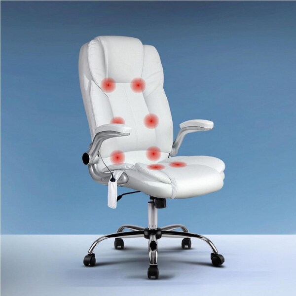 Artiss 8 -Point Massage Office Chair Executive Computer Gaming Chairs White PU Leather
