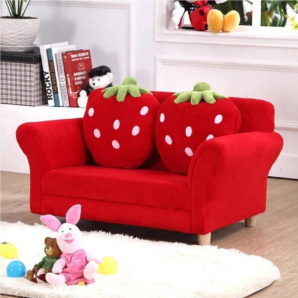 Girls Red 2 Seat Wooden STRAWBERRY SOFA COUCH Kids ARM CHAIR w/ CUSHION RED