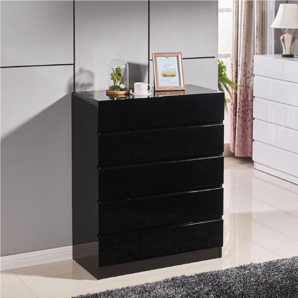 High Gloss Piano Finish Tallboy Cabinet with 6 Drawers Black