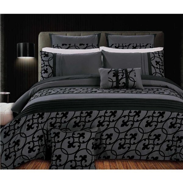 Queen Size 3pcs Scroll Floral Grey and Black Quilt Cover Set