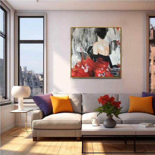 Framed Oil Painting Hand Painted Abstract People Modern Canvas - Lady in Red (101cm x 101cm)