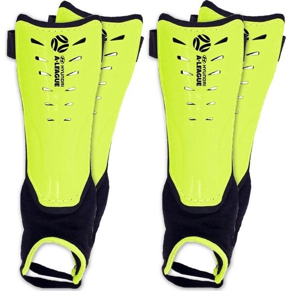 2x Hyundai A-League Shin Guard/Pads w/ Ankle Sock/Sports/Soccer Large Size/Lime