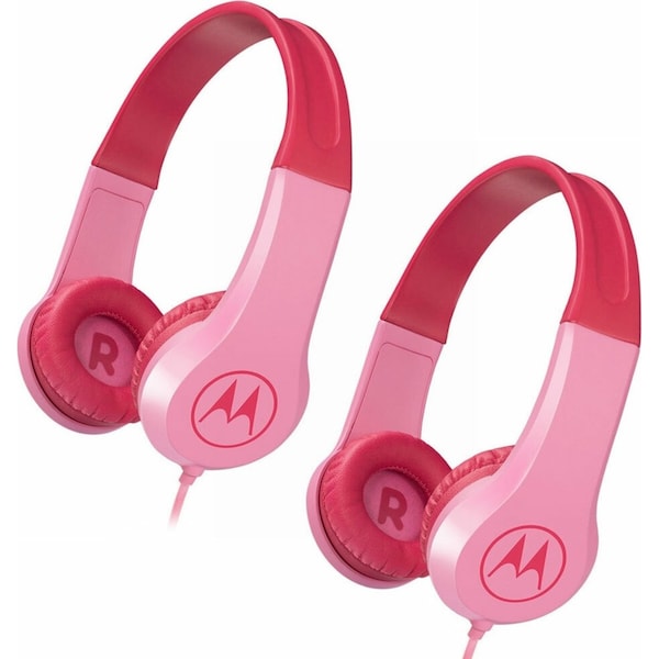 2PK Motorola Kids Safe Wired Over-Ear Headphones w/Mic/3.5mm Audio Splitter Pink