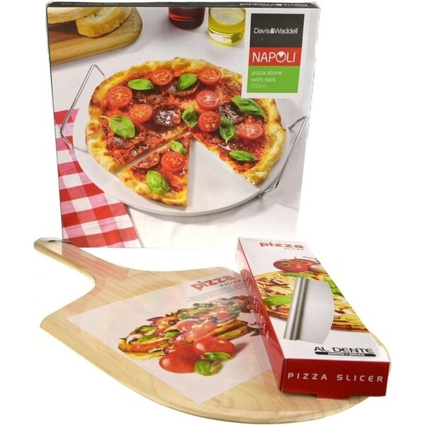 Al Dente 33cm Pizza Stone + Serving Rack + Paddle + Rocking Cutter