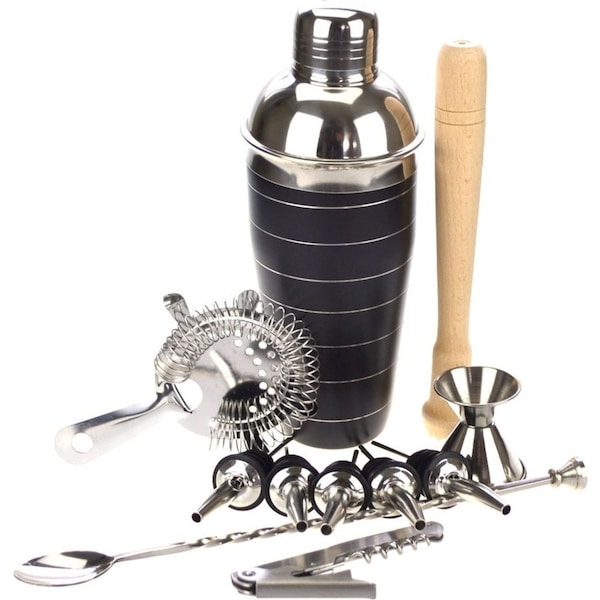 PurpleSpoilz 10 Piece Black Cocktail Shaker Set With Waiters Friend