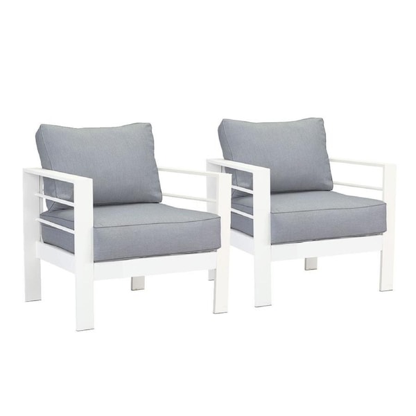 Paris Single Seater White Aluminium Outdoor Sofa Lounge with Arms - Grey Cushion (Set of 2)