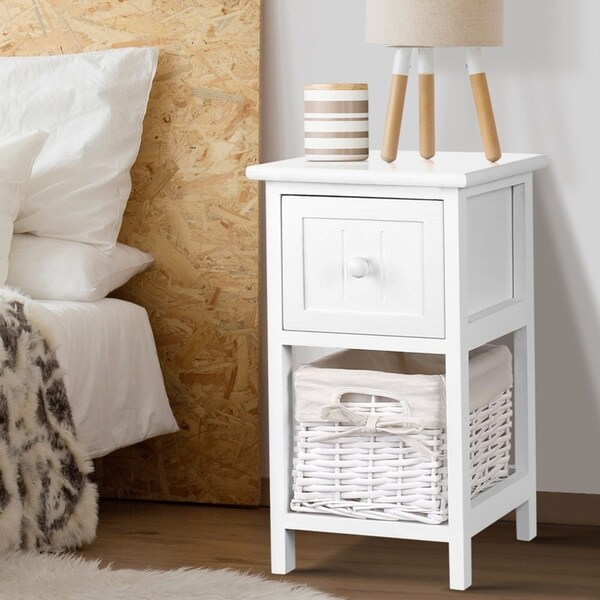 Artiss Bedside Table Set of 2 with Drawer Basket Rustic White