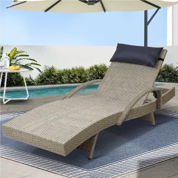 190cm Gardeon Sun Lounge Wicker Lounger Outdoor Furniture Beach Chair Armrest Adjustable Grey&Beige