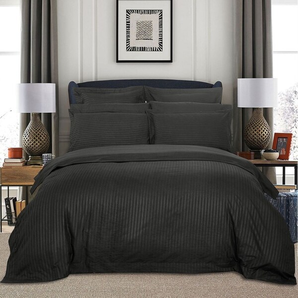 Super Soft Queen Size Bed Striped Quilt/Doona/Duvet Cover Set - Charcoal Grey