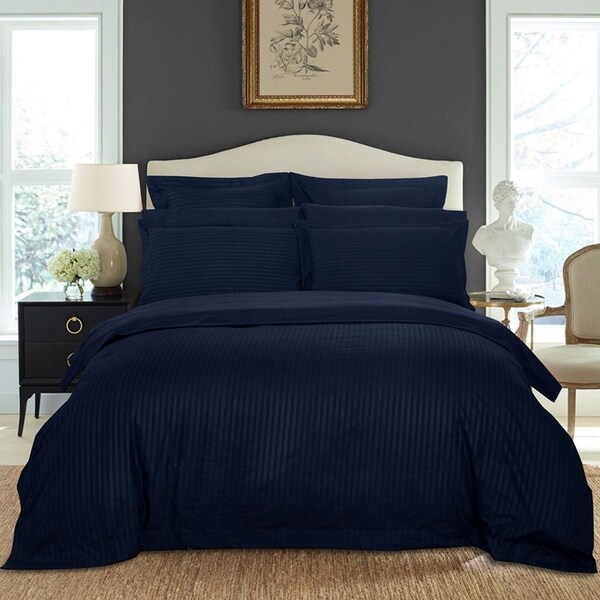 Super Soft Super King Size Bed Striped Quilt/Doona/Duvet Cover Set - Midnight Blue