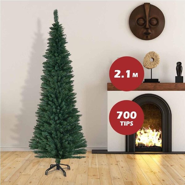 Costway 2.1M PVC Pencil Xmas Tree Slim Christmas Tree Home Decor Green